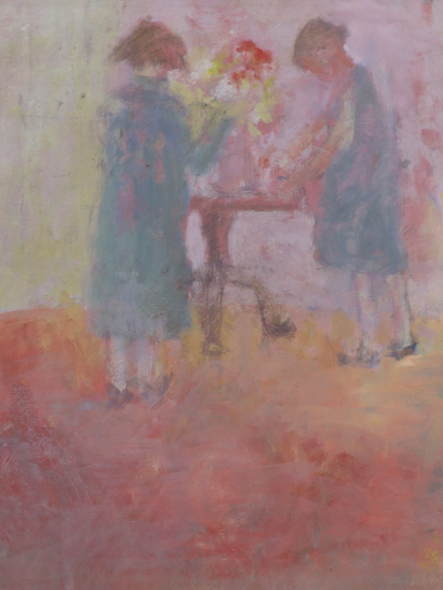 L.Moran, oil on board, figures beside a table, signed, 34 x 26cm.
